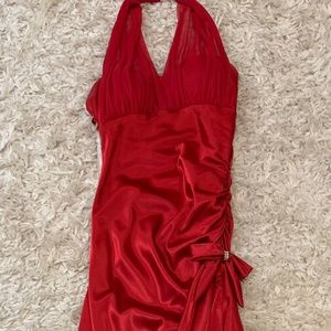 Satin Red Halter  Prom Dress with Rhinestone Bow